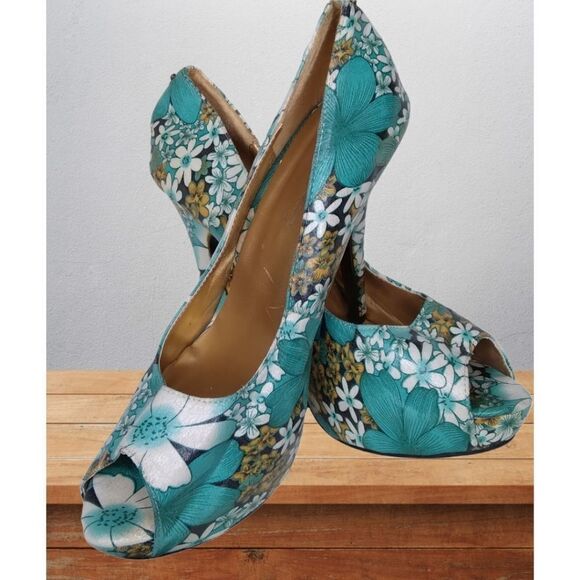 Show Story Platform Heels Teal Floral Open Toe Size 9.5 or EU41 - Picture 1 of 15